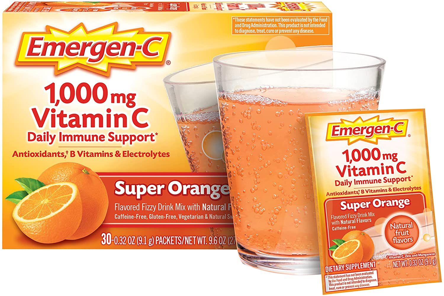 Emergen-C  Vitamin C Immune Support Drink Mix, 1000 mg, Super Orange - 30 ct