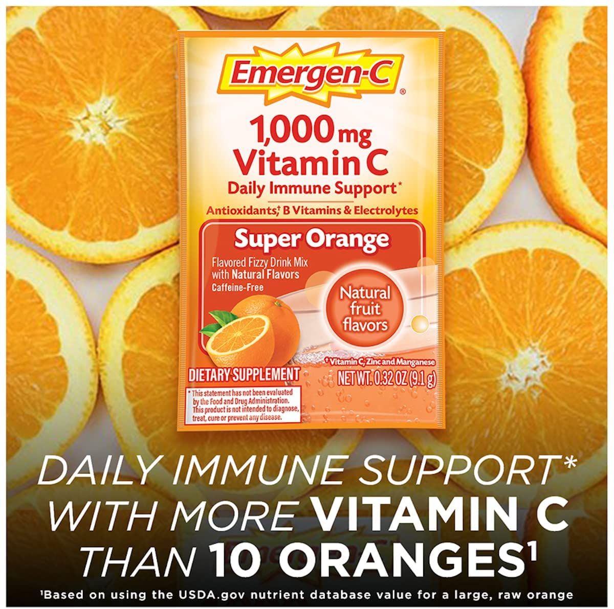 Emergen-C  Vitamin C Immune Support Drink Mix, 1000 mg, Super Orange - 30 ct