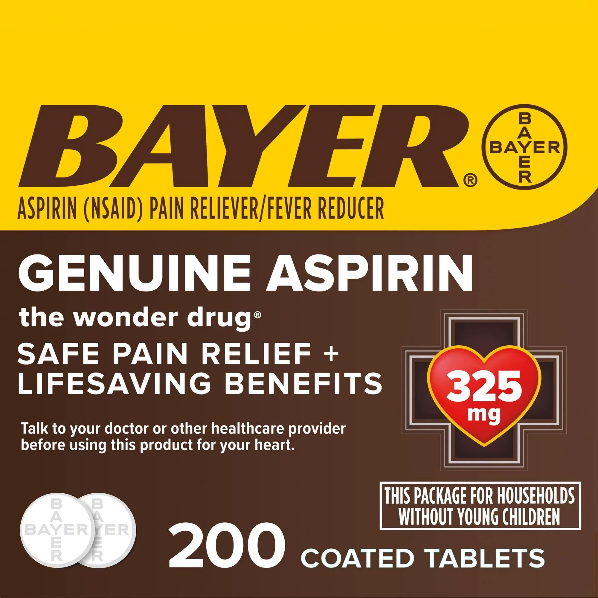 Bayer Genuine Pain Relief Aspirin Coated Tablets, 325 mg - 200 ct | Optum  Now, image size:2000x2000