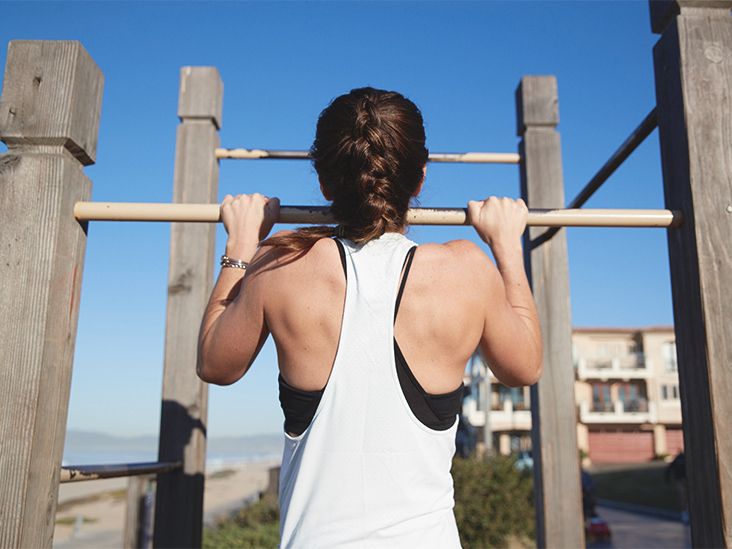 Attractive muscular woman, holding on pull ups bar, back view