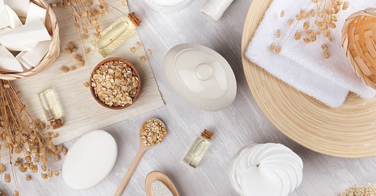 overhead of a variety of oatmeal bath products