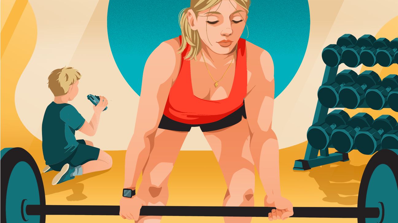 Illustration of mom lifting weights with toddler playing with cars behind her.