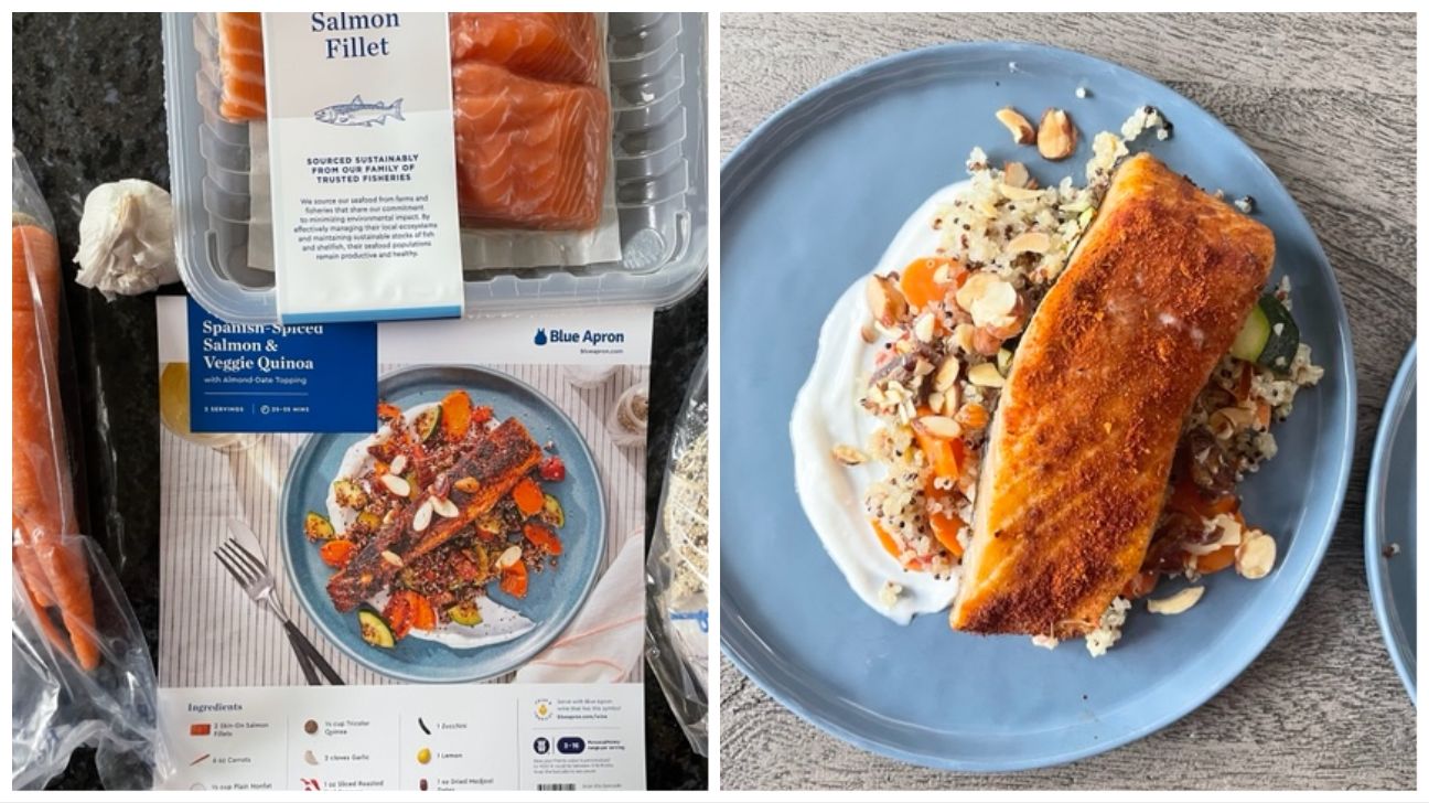 Spaans gekruide zalm en vegetarische quinoa met topping van amandel-dadel