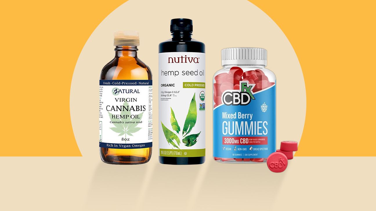 collage of hemp oil products and CBD gummies