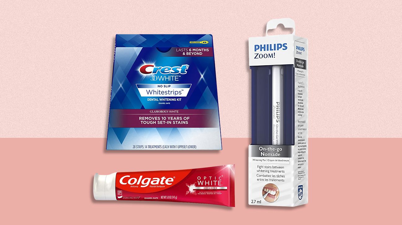 A collage of popular teeth whitening products by Crest, Phillips, and Colgate