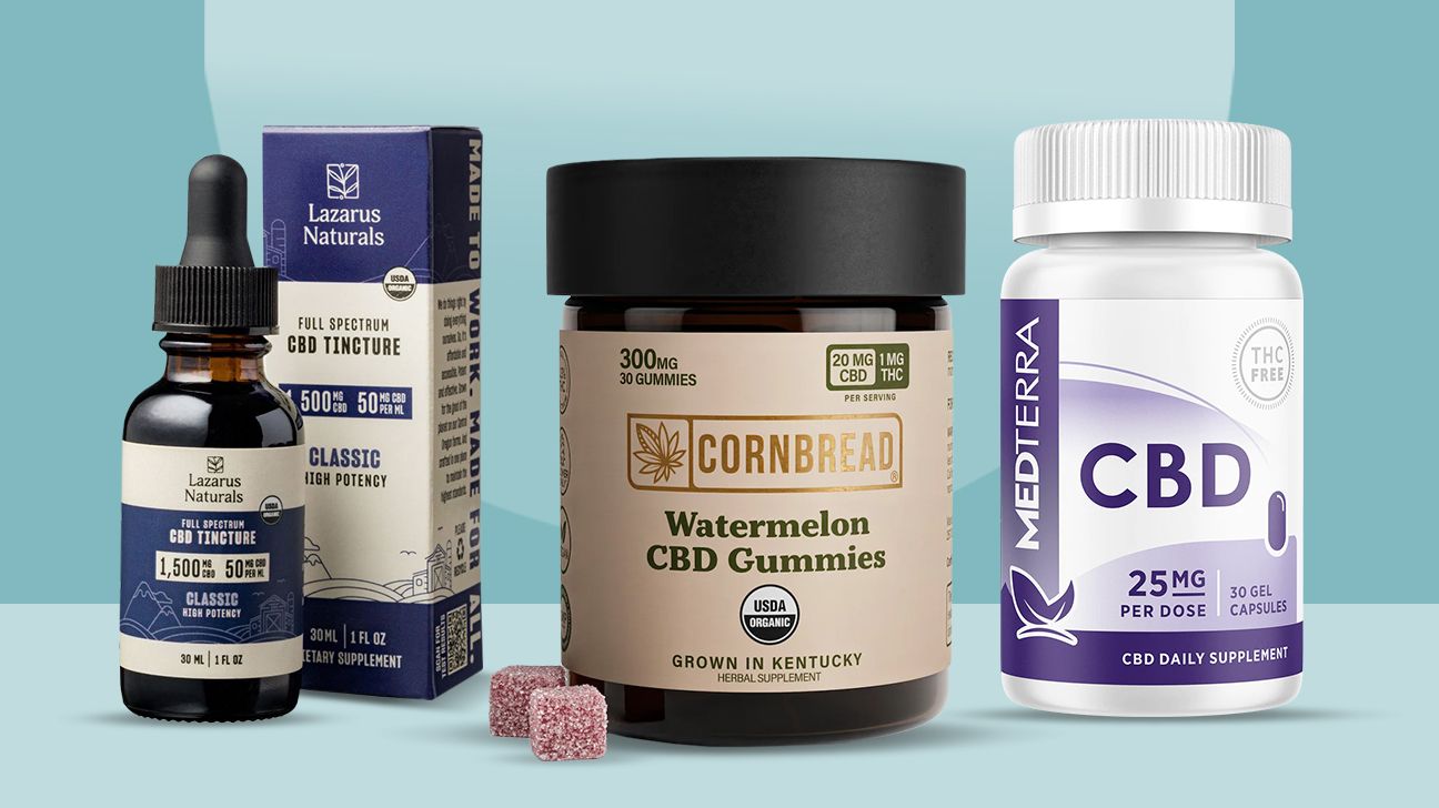 a collage of CBD products by Lazarus Naturals, Cornbread Hemp, and Medterra