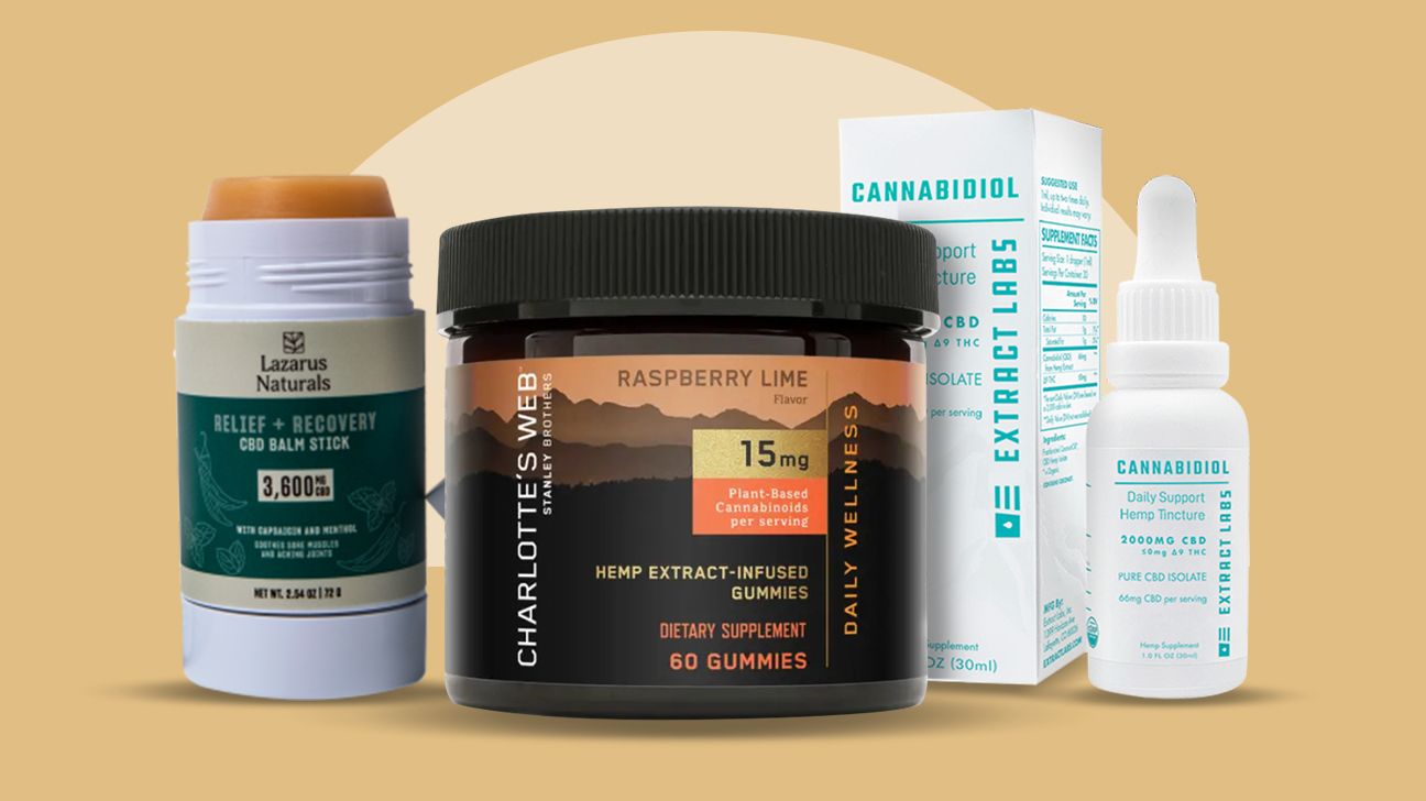 a collage of CBD products that may help with fibromyalgia
