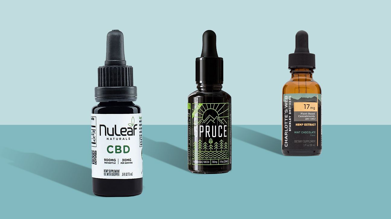 a collage of CBD oils by Nuleaf, Spruce, and Charlotte's Web