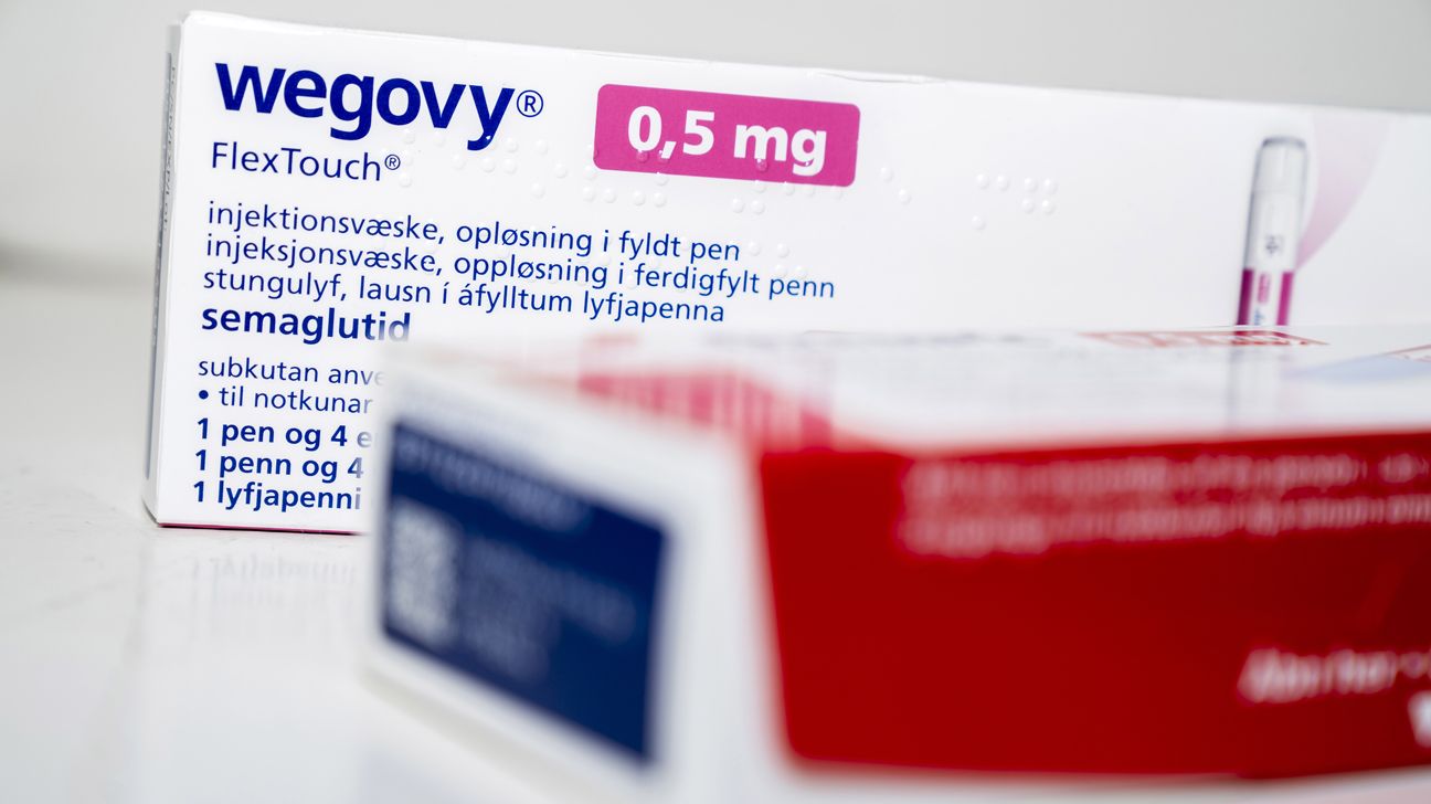 A box of Wegovy medication seen in close up.