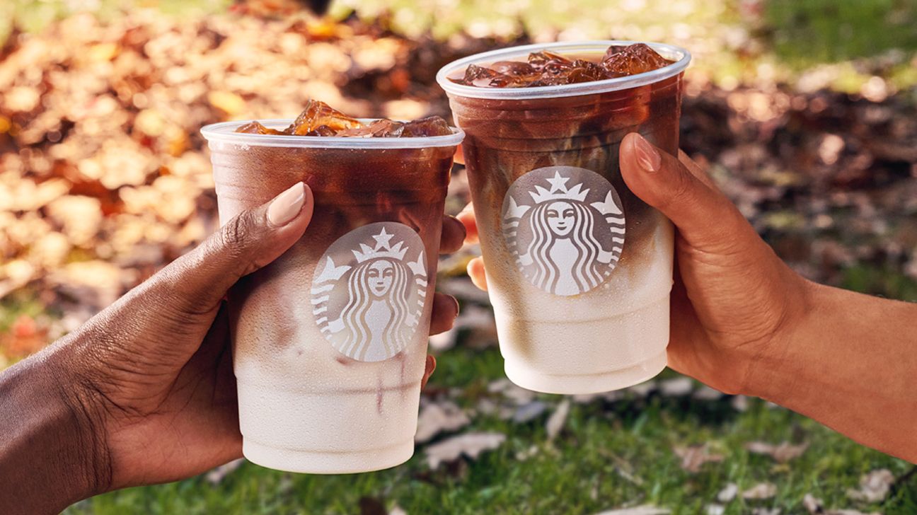 Two people holding Starbucks coffee drinks.