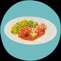 Plate of cheese and spinach manicotti with corn and peas