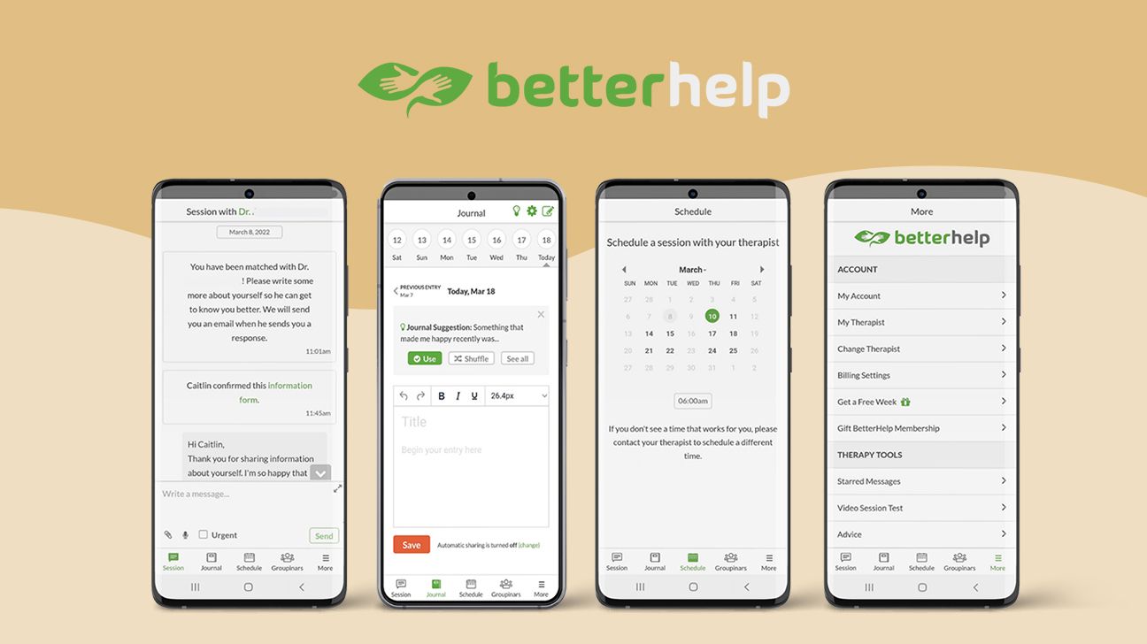 BetterHelp logo at top, on the middle of the image. Beneath, there are four phone screens with screenshots of BetterHelp's app