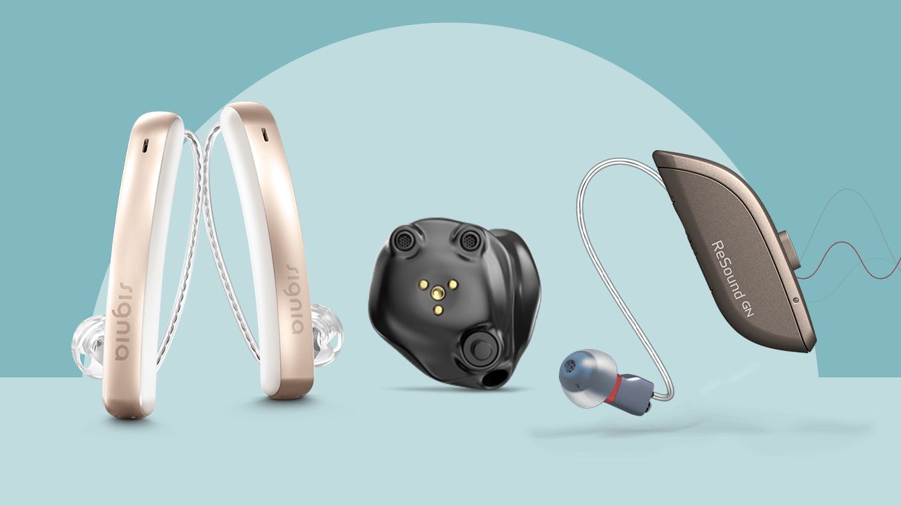 three different types of hearing aids against a light blue background.
