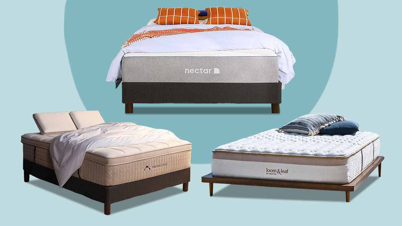 dreamcloud mattress, loom & leaf mattress, and nectar mattress against a light blue background