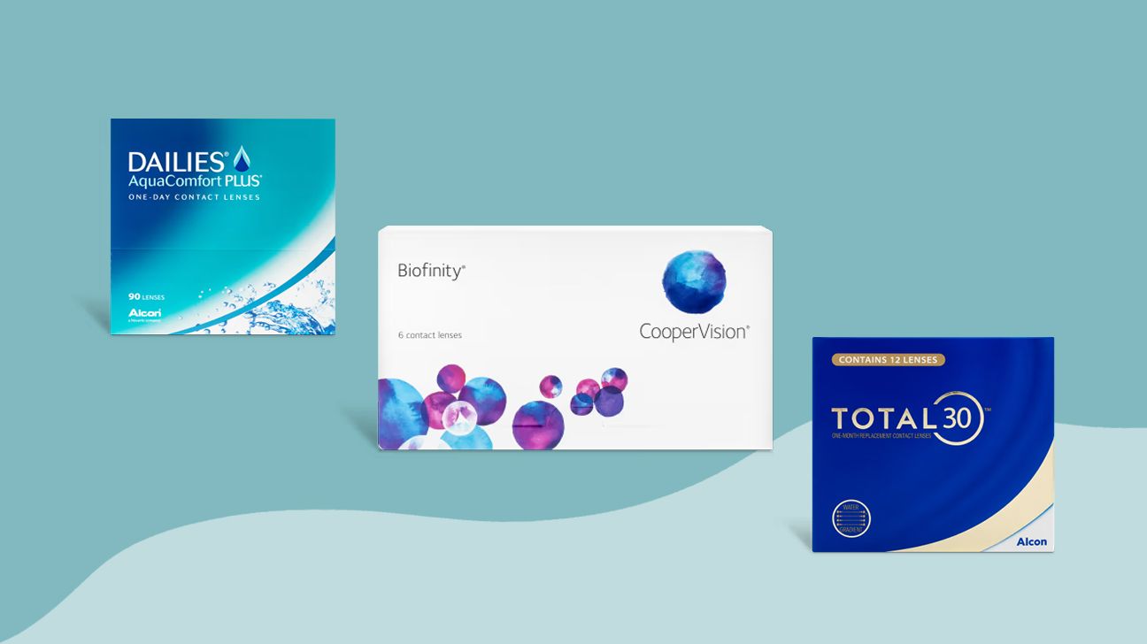 Three packages of contact lenses with brand names