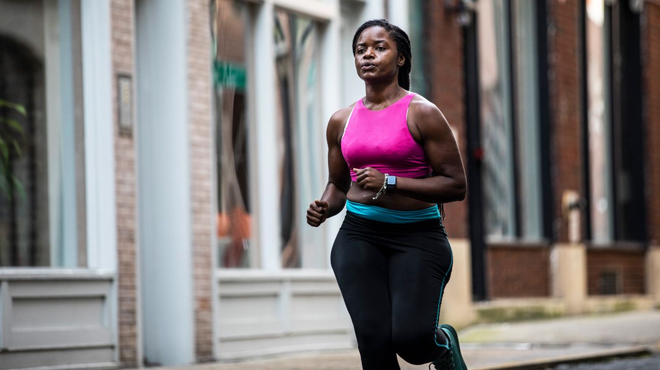 A woman jogging.