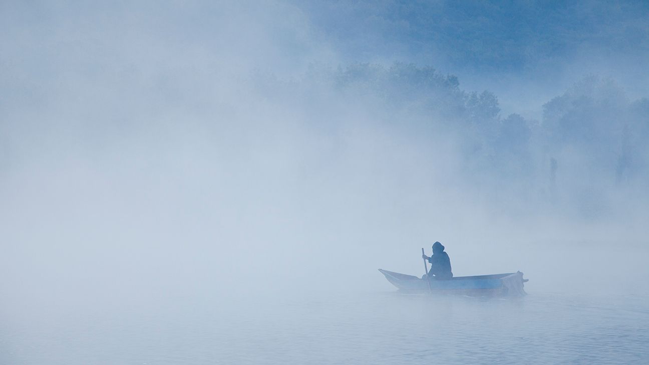 person in a row boat on a foggy body of water