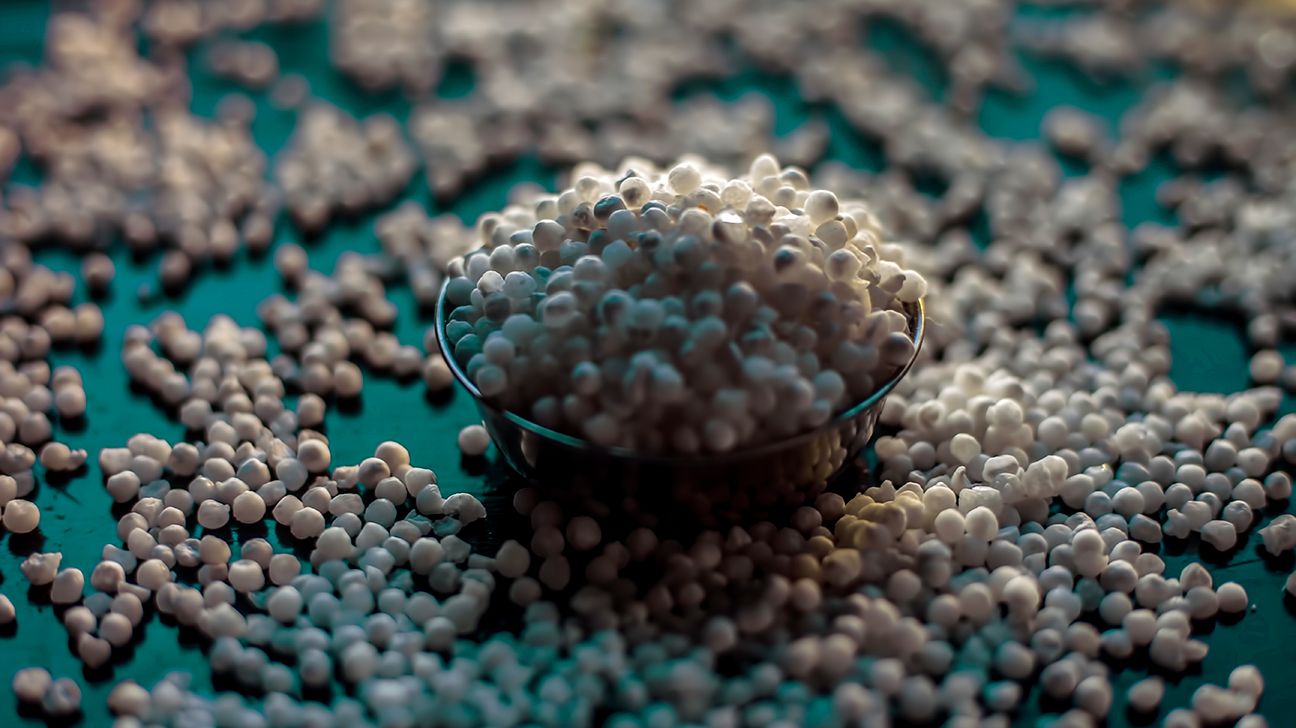 sago in a glass bowl spilled all around on a blue green surface