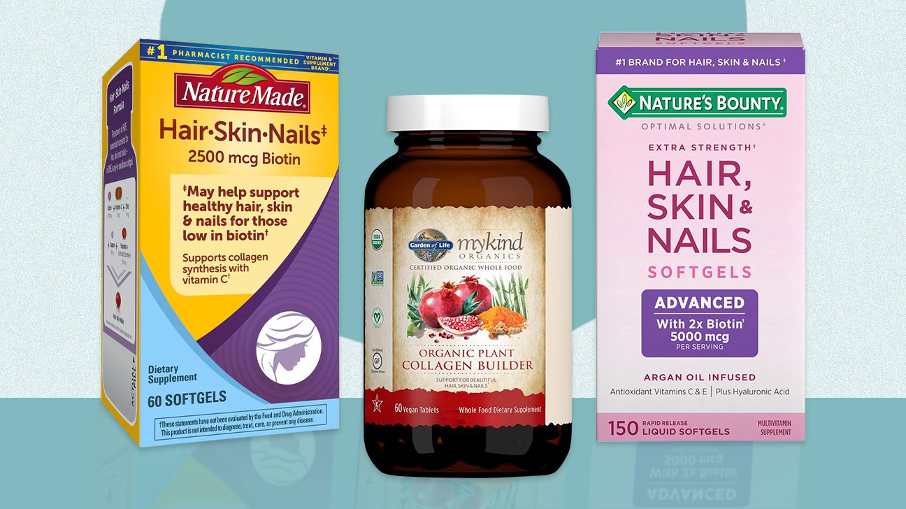 Vitamin supplements to support hair, nails, and skin including Nature Mad Hair-Skin-Nails, Garden of Life mykind Organics Collagen Builder; and Nature's Bounty Extra Strength Hair, Skin & Nails.