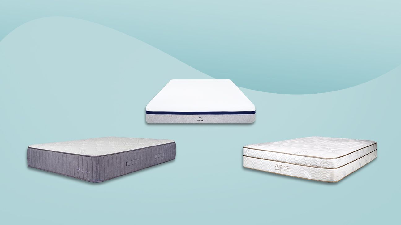 Three mattresses against a light blue background