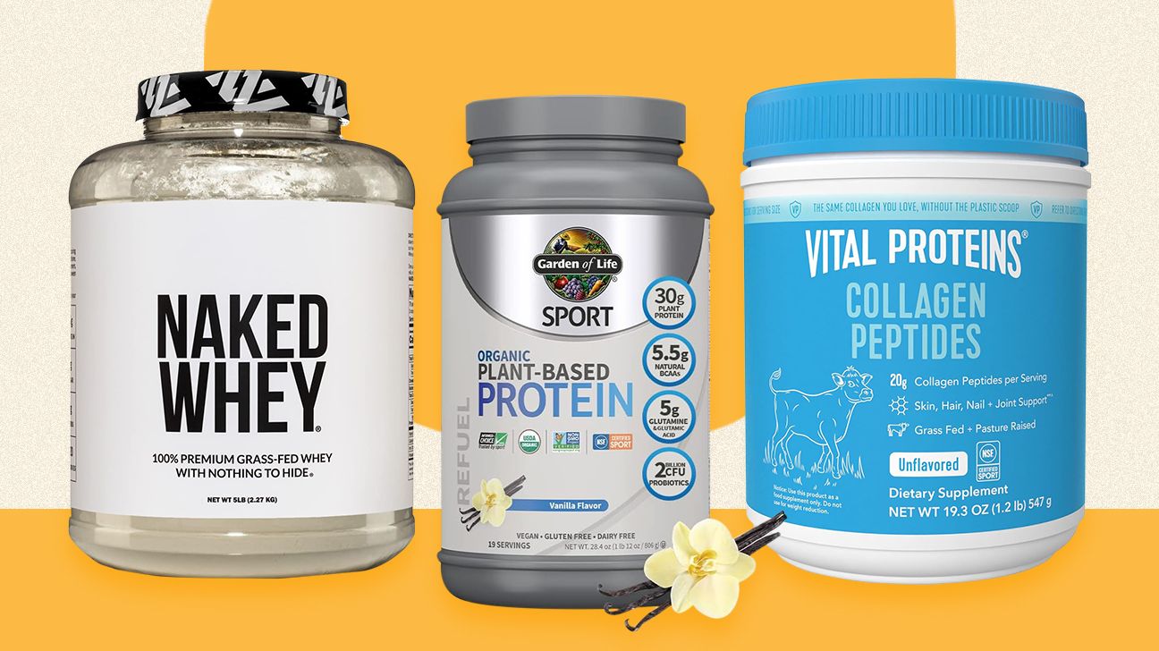 a collage of three protein powders by Naked, Garden of Life, and Vital Proteins