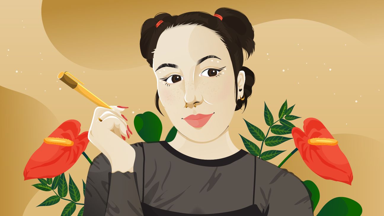 illustration of tess catlett, a white person with dark brown hair pulled back into space buns, dark brown eyes, and winged black eyeliner