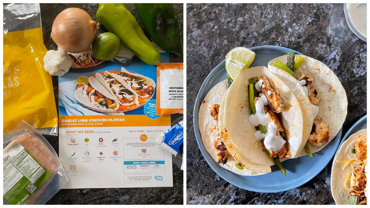 Garlic Lime Chicken Fajitas recipe card and ingredients on the left and the prepared meal on the right