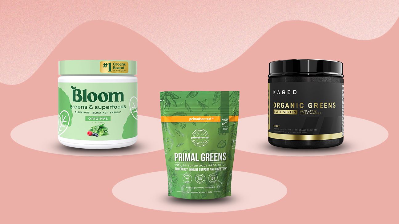 Three of the best greens powders, including Bloom Greens and Superfoods, Kaged Organic Greens, and Primal Harvest Greens