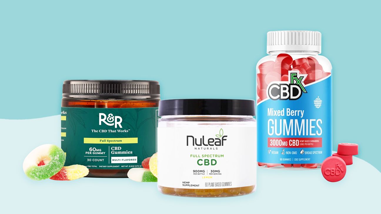 a collage of CBD gummies selected for pain relief