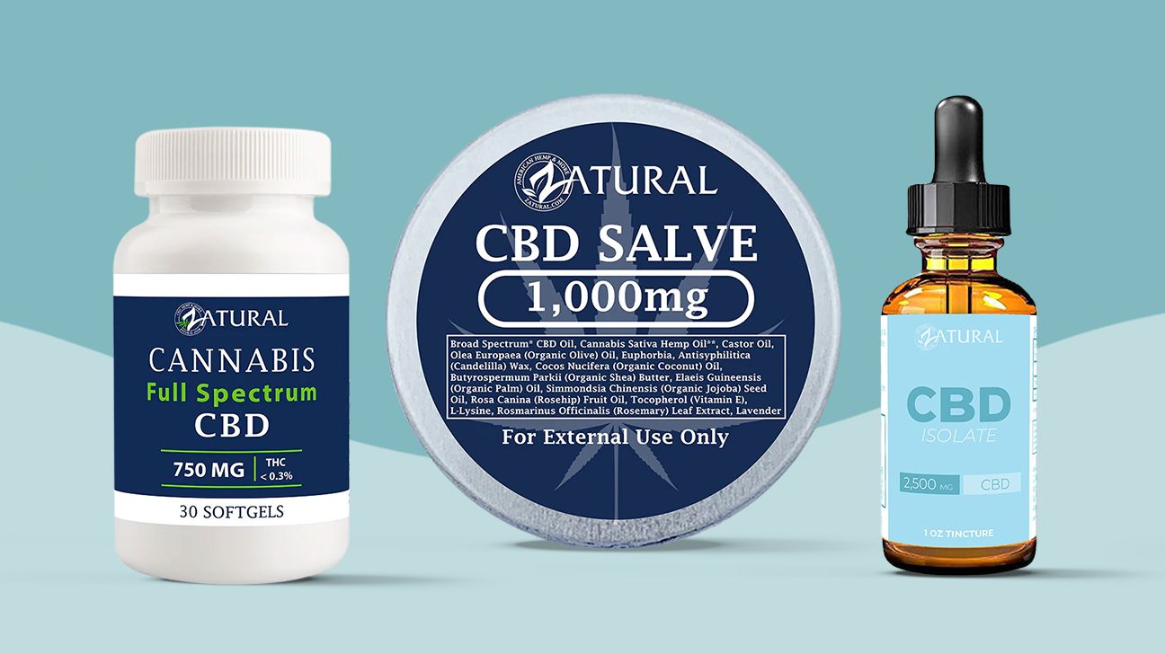 a collage of Zatural CBD products including salve, softgels, an isolate oil