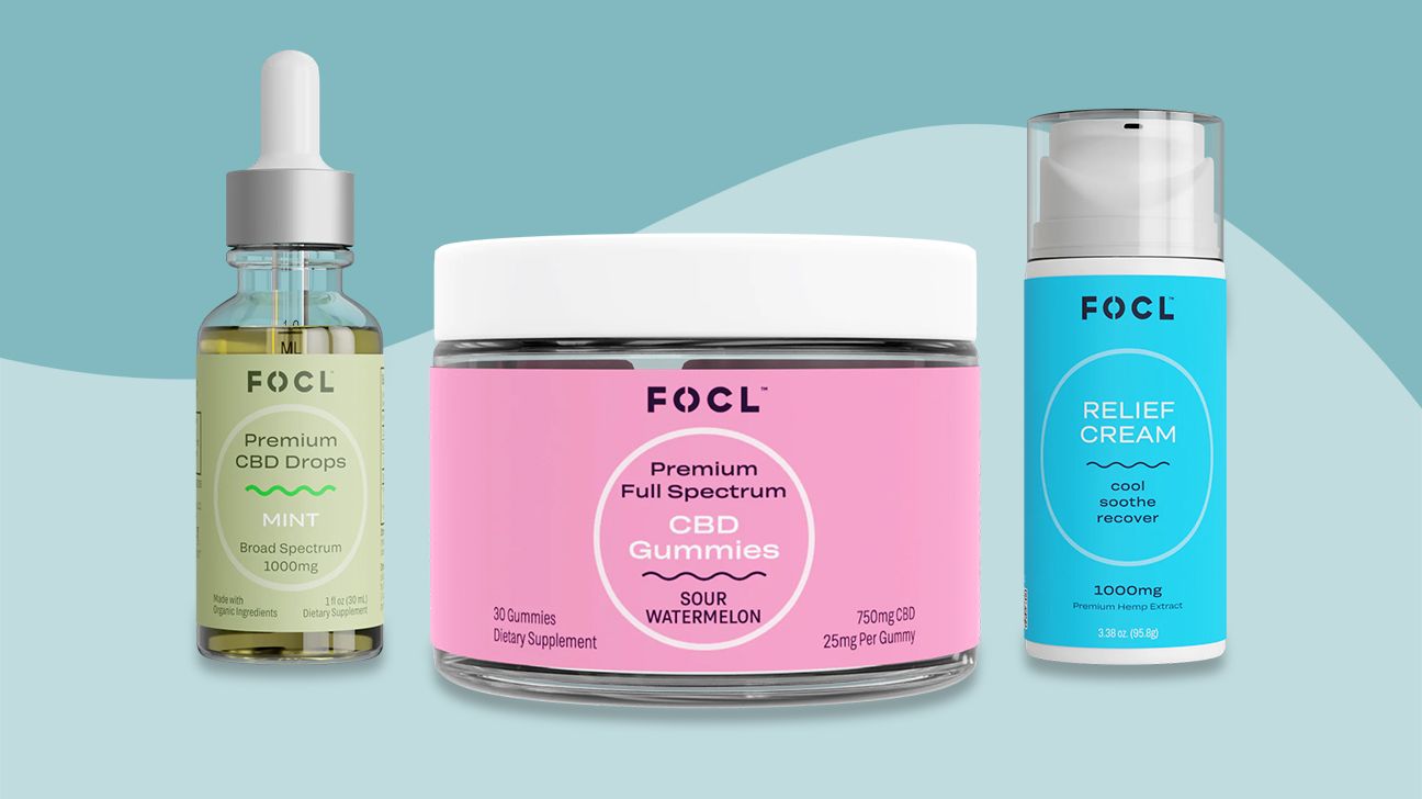 a collage of FOCL CBD products including a topical, drops, and gummies