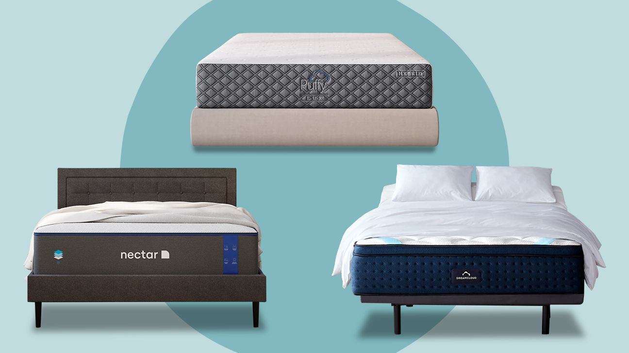 (from left to right) nectar mattress, puffy mattress, and dreamcloud mattresses arranged in a triangle position with the puffy mattress on top. It's against a blue background