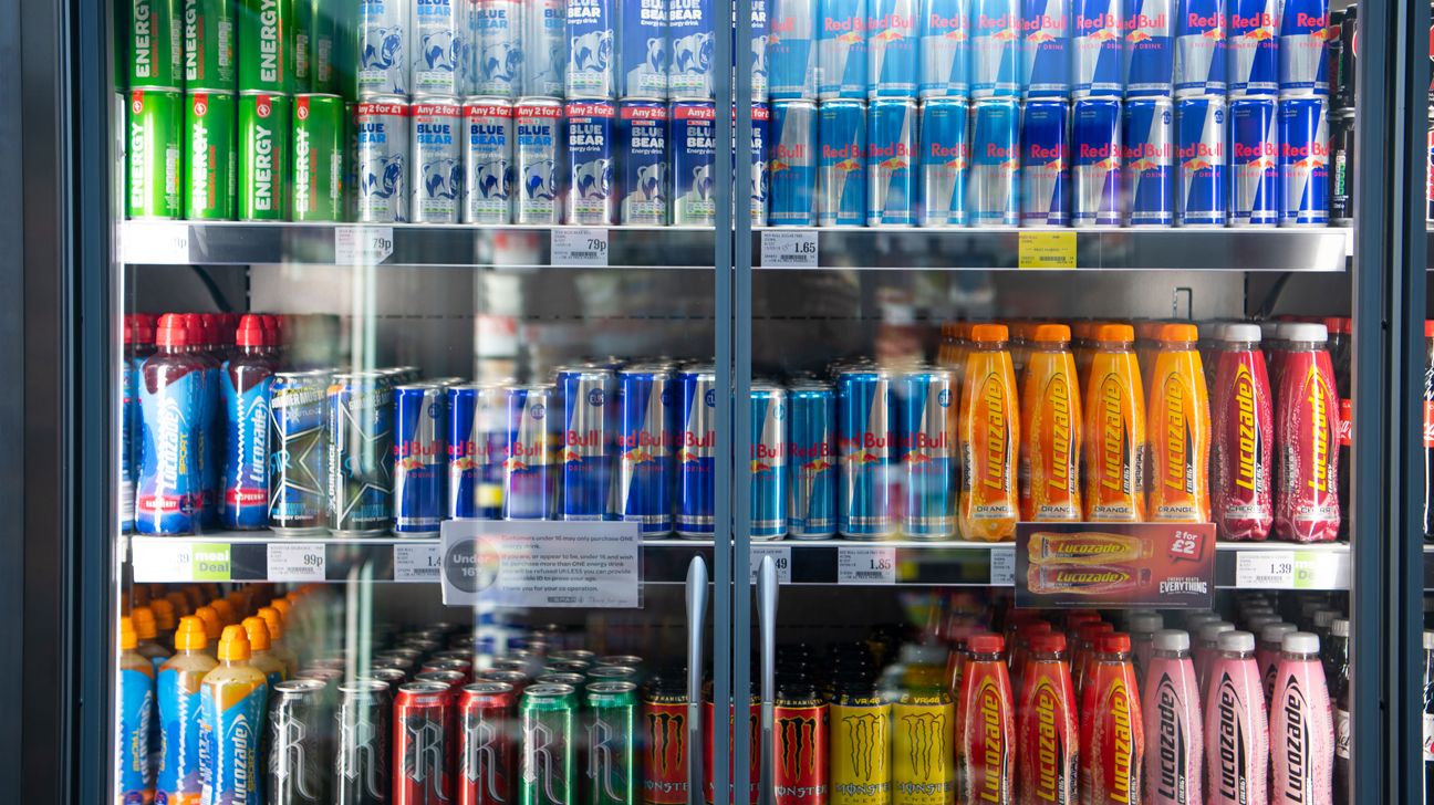 Energy drinks in a store refrigerator
