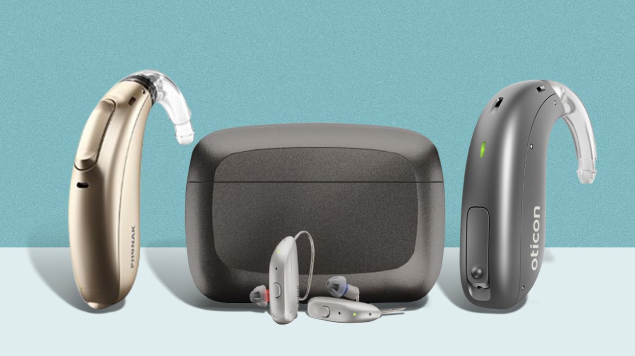 three different types of hearing aids against a light blue background.