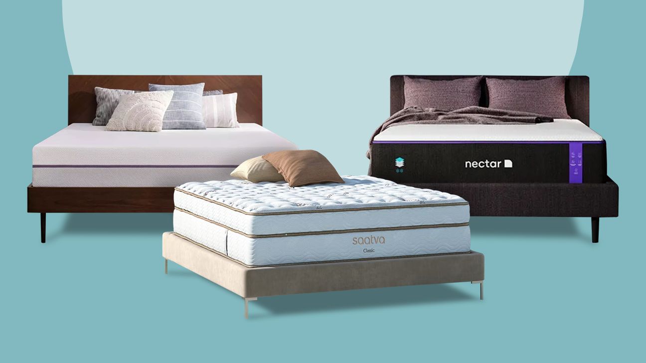 a collage of three mattresses by Saatva, Nectar, and Purple