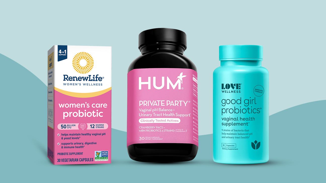 Three vaginal pH probiotic supplements, including RenewLife Women's Care, HUM Private Party, and Love Wellness Good Girl Probiotics