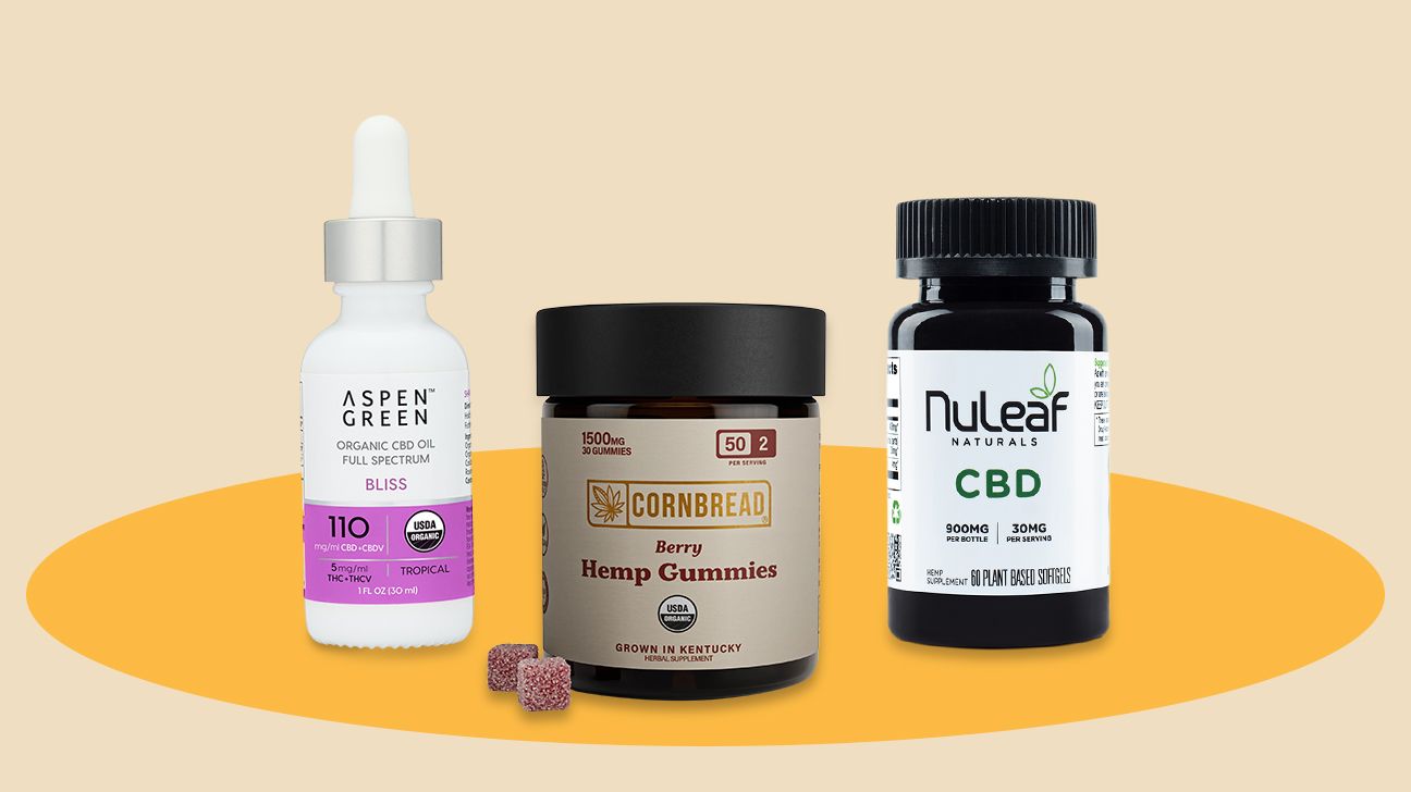 collage of full-spectrum CBD products by Aspen Green, Cornbread Hemp, and Nuleaf Naturals