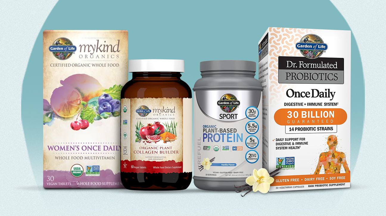 Garden of Life supplements, including women's multivitamin, protein powder, probiotic, and collagen builder