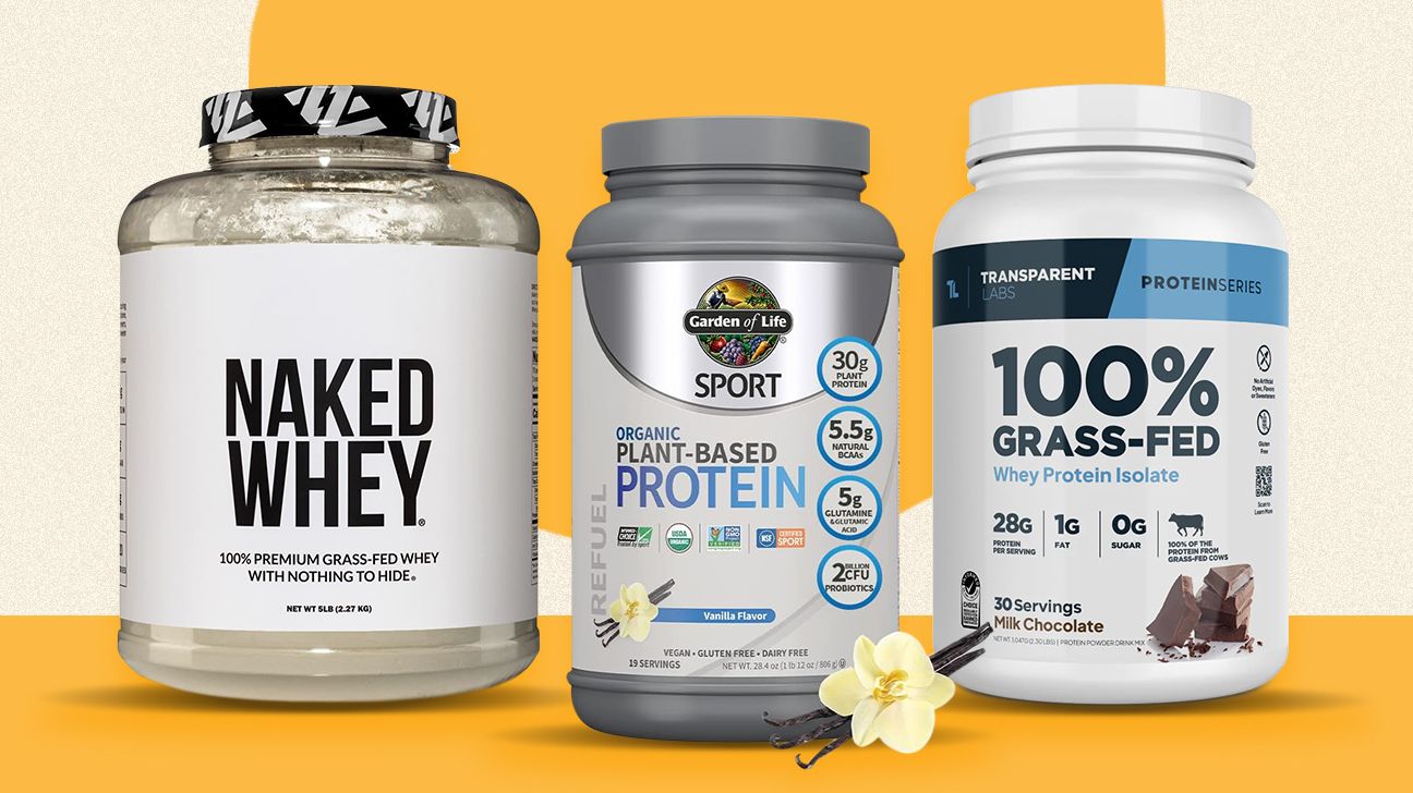 a collage of three protein powders by Naked, Garden of Life, and Transparent Labs