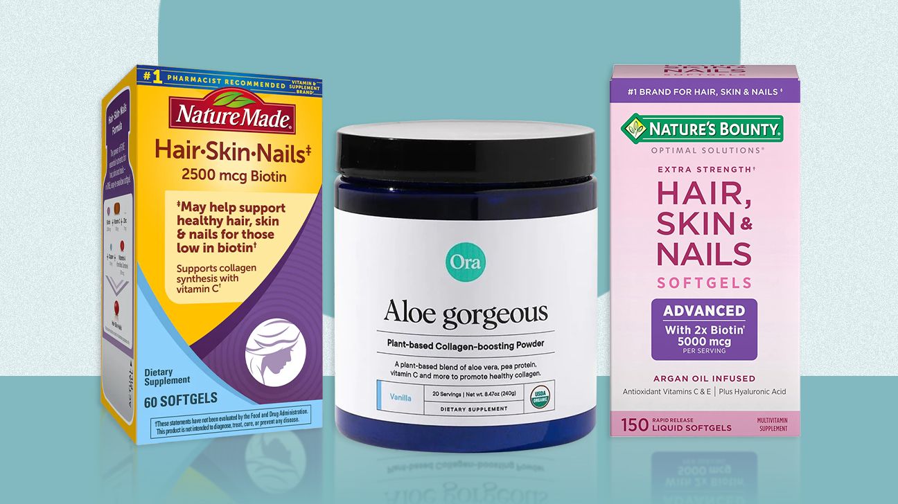 Vitamin supplements to support hair, nails, and skin including Nature Made Hair-Skin-Nails, Ora Aloe Gorgeous; and Nature's Bounty Extra Strength Hair, Skin & Nails.