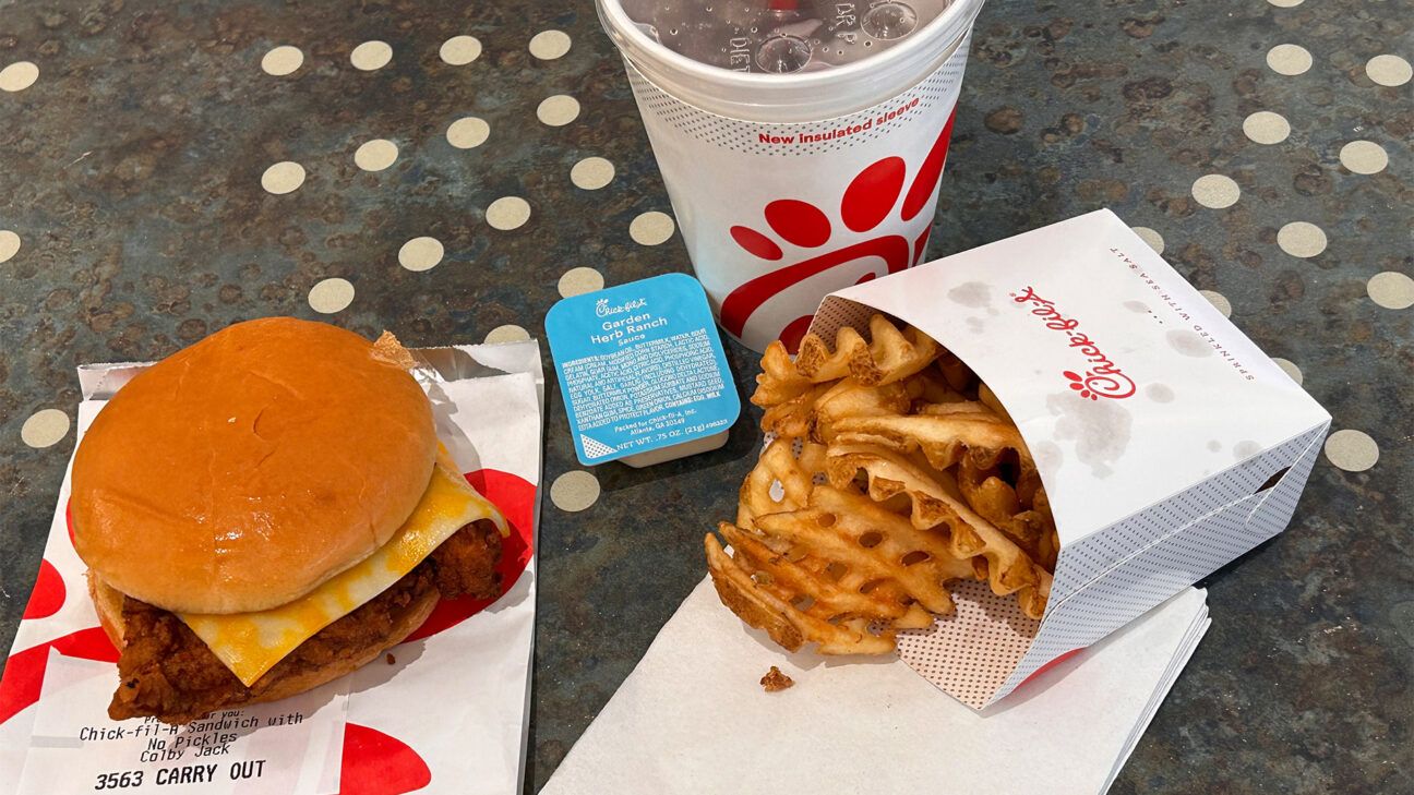 Chick-fil-A chicken sandwich, fries, and drink.