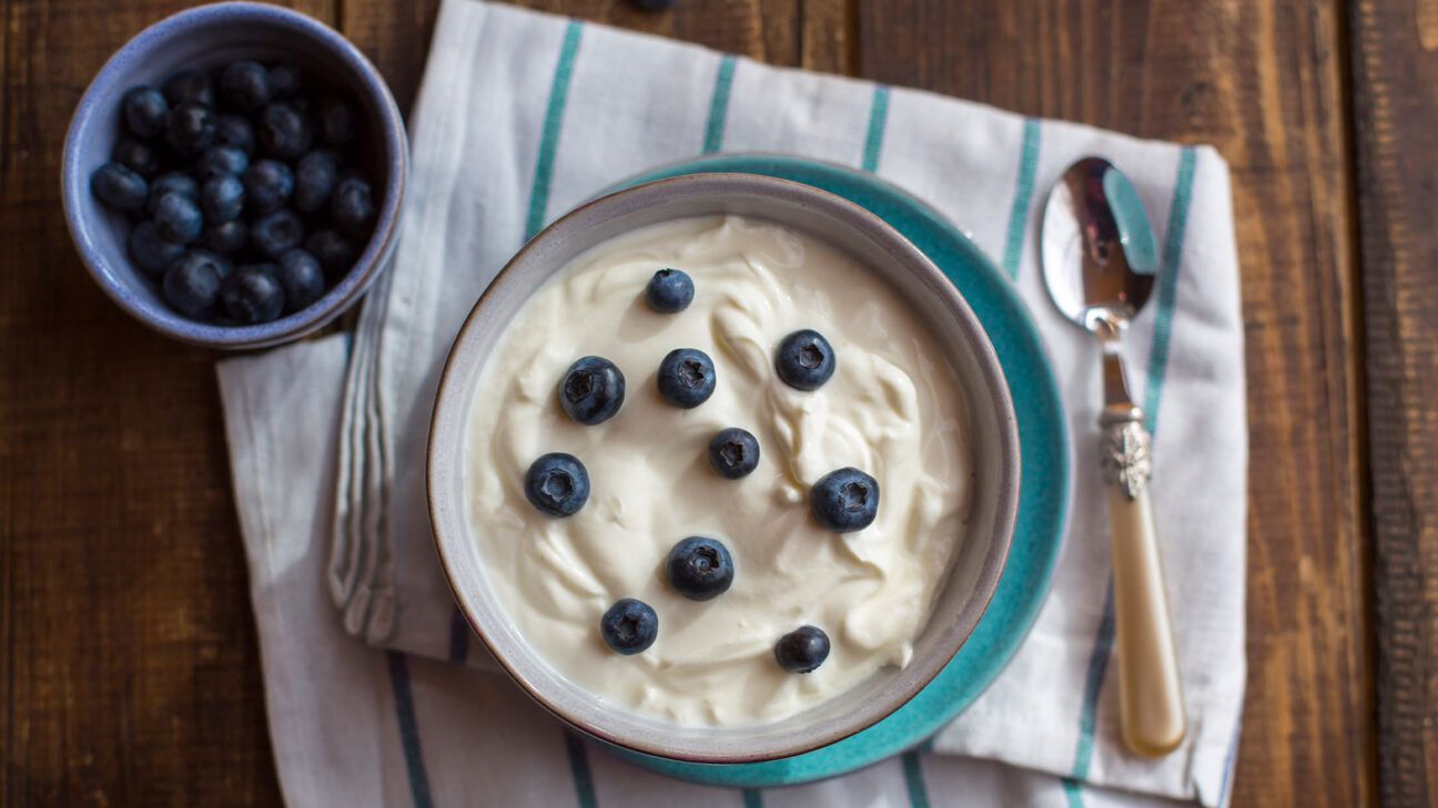 A bowl of yogurt with blueberries.