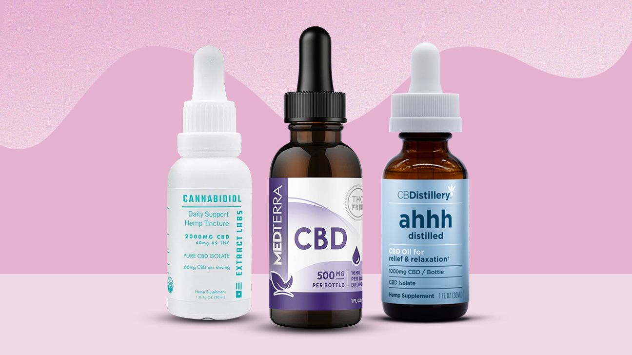 collage of three THC-free CBD oils by Extract Labs, Medterra, and CBDistillery