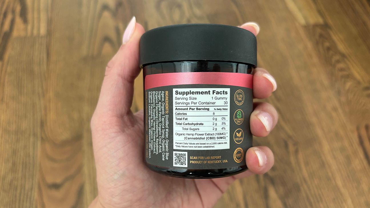 Supplement Facts label on a jar of CBD gummies.