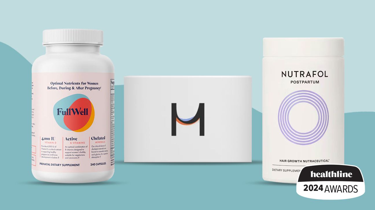 a collage of women's health products including FullWell prenatals and Nutrafol's postpartum supplement
