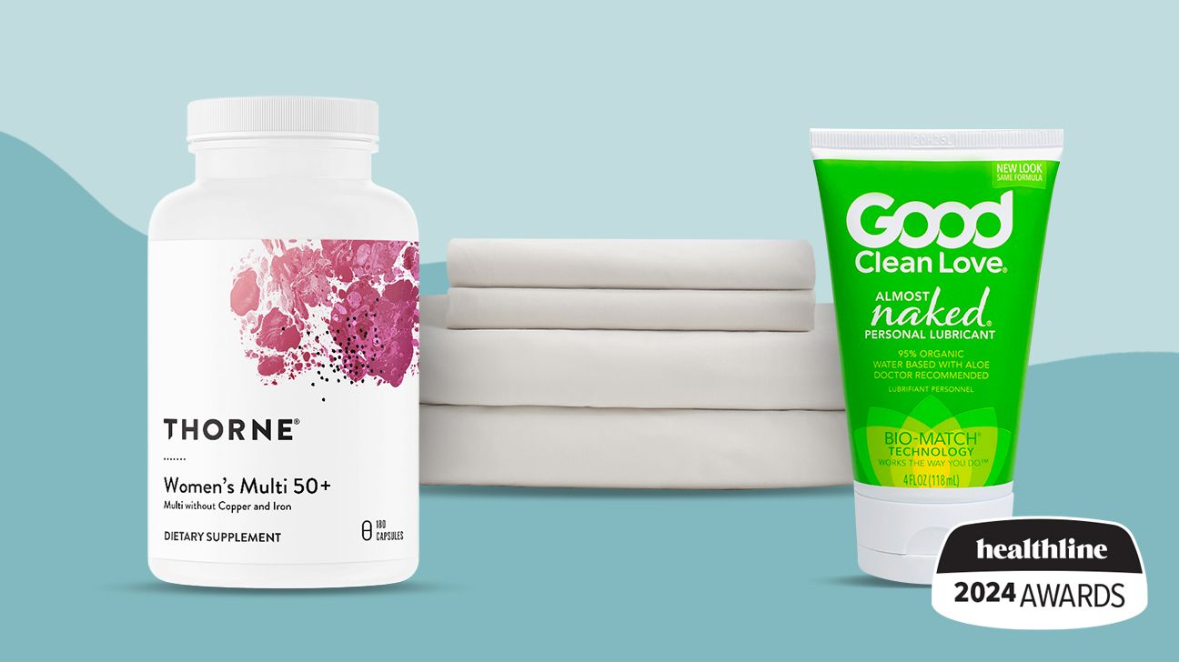 Healthline Awards for the best menopause products, including Thorne's Women's Multi, Good Clean Love, and Quince cooling sheets