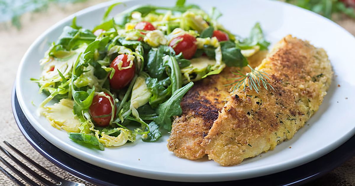 Almond-crusted trout with shaved brussels sprout salad