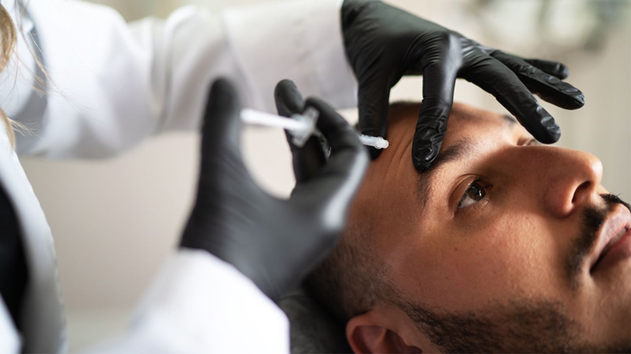 A man with a beard gets botox injection in his forehead.