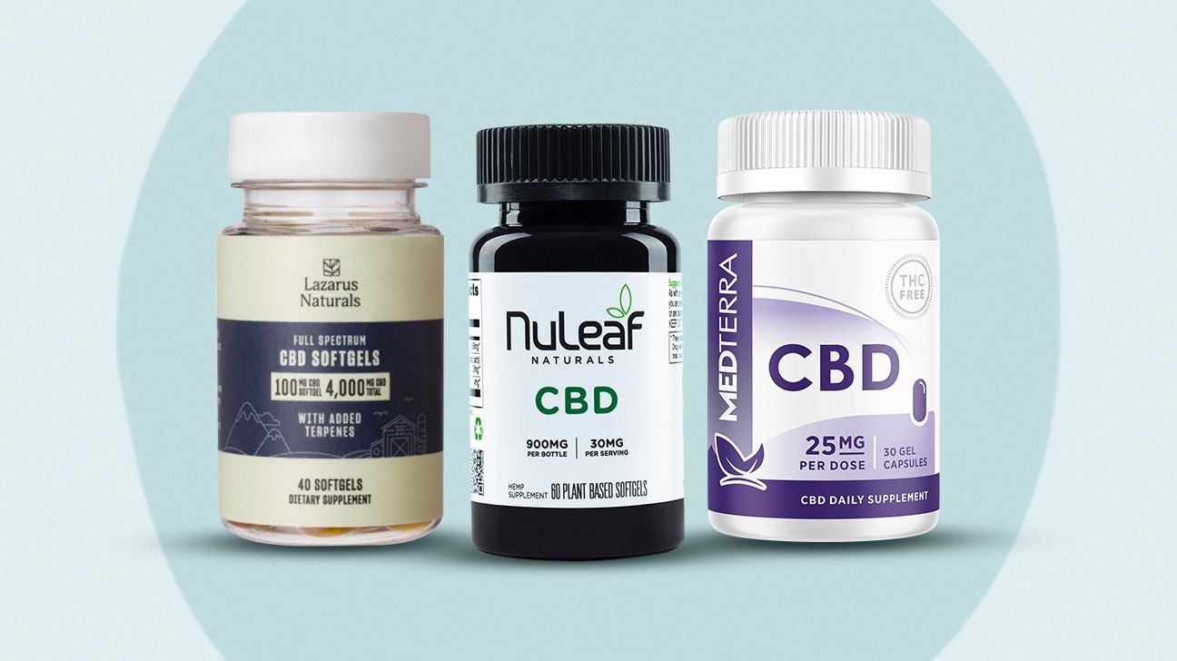 a collage of CBD capsules by Lazarus Naturals, Nuleaf Naturals, and Medterra