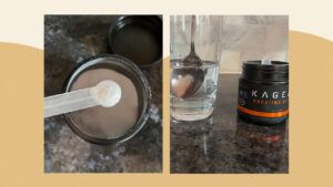 Photos of Kaged Creatine HCL including a photo of a scoop of powder on the left and a picture of the powder stirred into water on the right